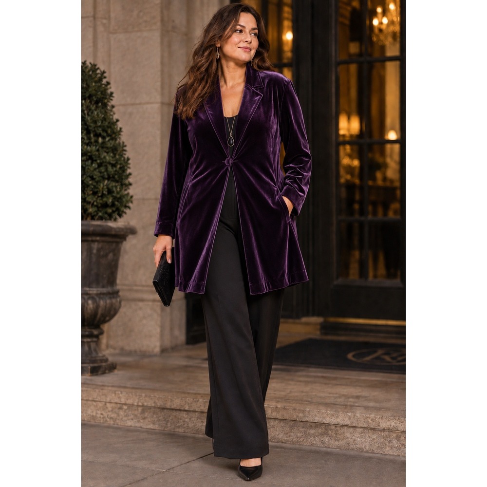 Coldwater Creek Purple Velvet Cardigan Jacket Plus Long Tunic Blazer Jacket 22